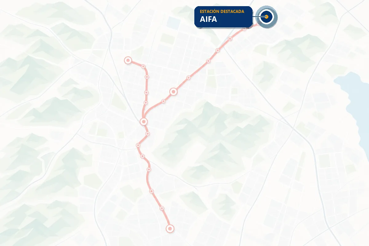 Mapa ilustrado de la red del Tren Suburbano con la estación AIFA resaltada