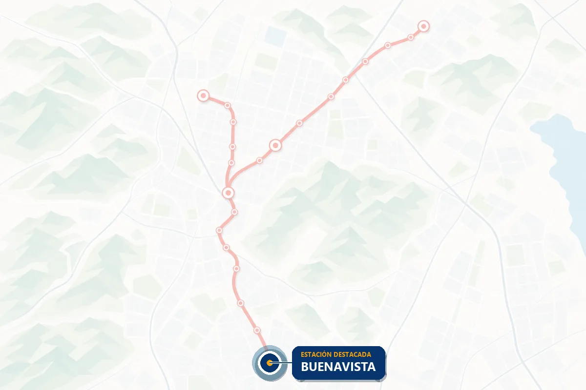Mapa ilustrado de la red del Tren Suburbano con la estación Buenavista resaltada
