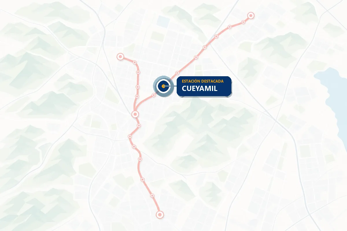 Mapa ilustrado de la red del Tren Suburbano con la estación Cueyamil resaltada
