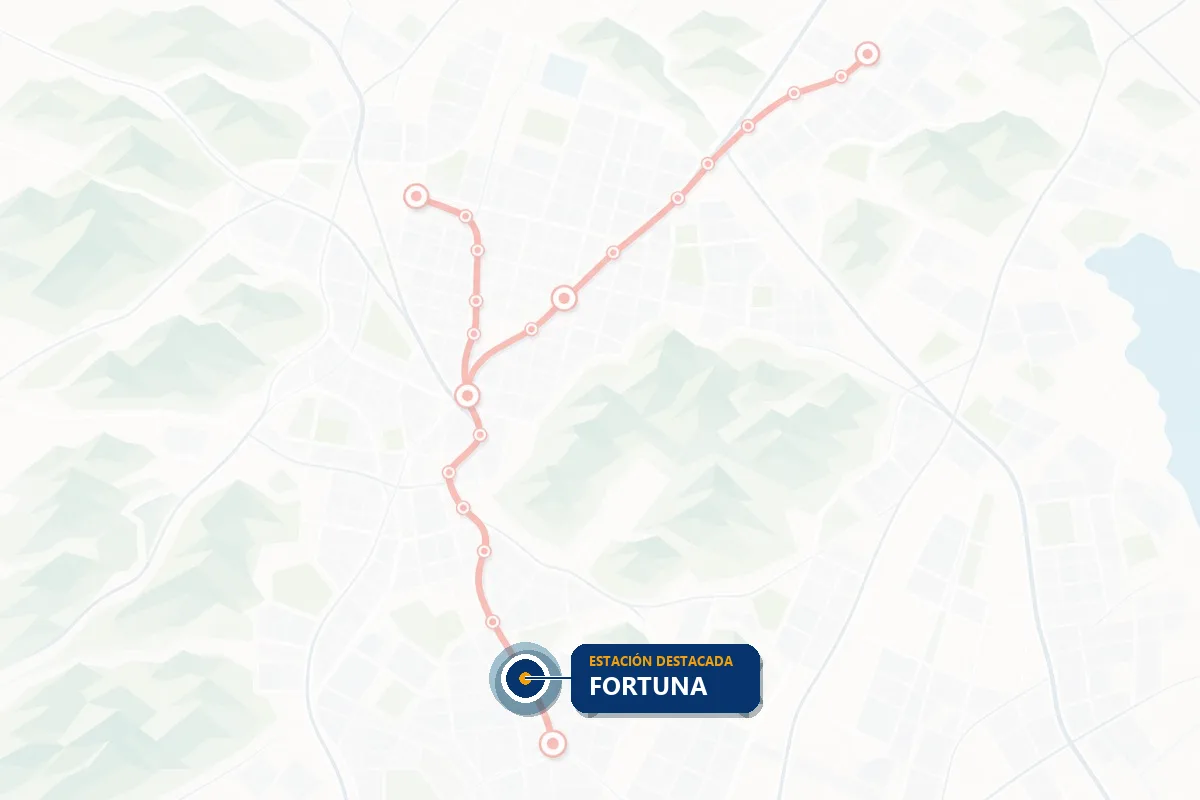 Mapa ilustrado de la red del Tren Suburbano con la estación Fortuna resaltada