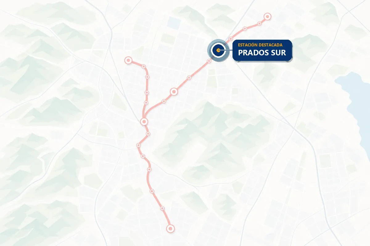 Mapa ilustrado de la red del Tren Suburbano con la estación Prados Sur resaltada