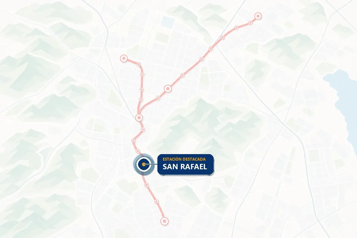 Mapa ilustrado de la red del Tren Suburbano con la estación San Rafael resaltada