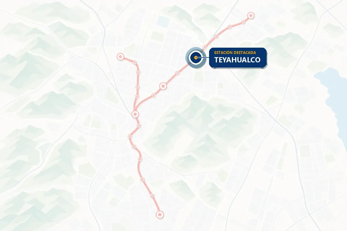 Mapa ilustrado de la red del Tren Suburbano con la estación Teyahualco resaltada