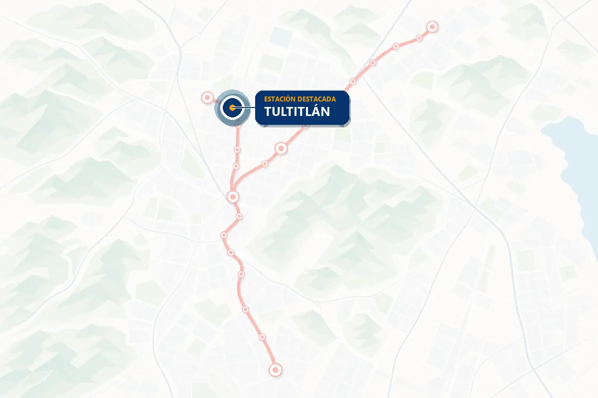 Mapa ilustrado de la red del Tren Suburbano con la estación Tultitlán resaltada