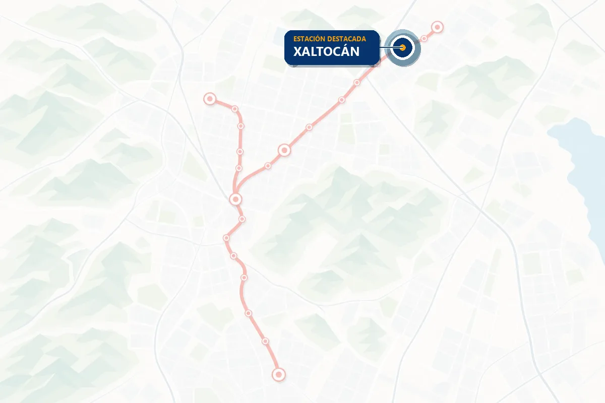Mapa ilustrado de la red del Tren Suburbano con la estación Xaltocán resaltada